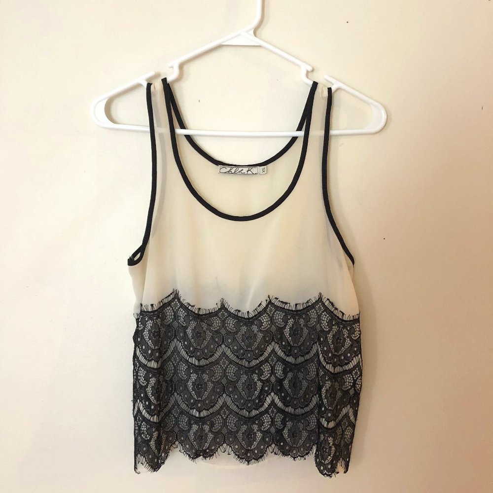 Chloe K Cream/White and Black Lace Tank